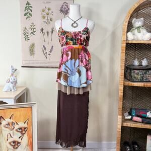 90s Y2k Fringe Slinky Stretch Maxi Skirt Coastal Cowgirl Fairy Grunge Forest S